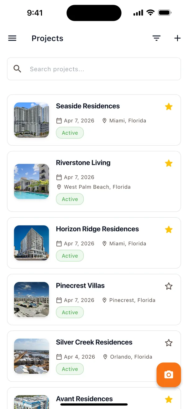The OnsiteSync mobile app showing a contractor's project list with photo counts and job status